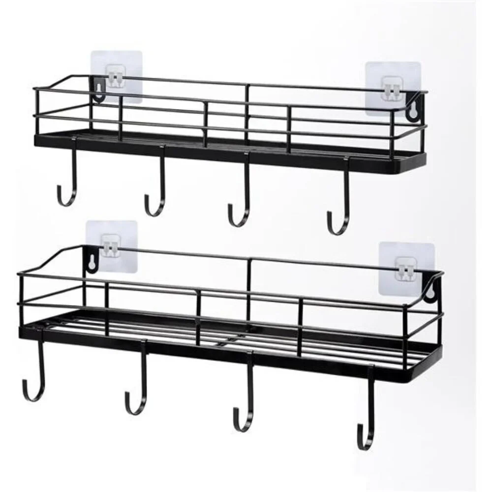 Black Floating Wall Shelves Set of 2 with Hooks Bathroom Kitchen Storage Rack